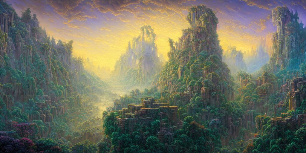 intricate detailed misty valley of ruins fantasy at dawn. Lisa Frank, james gurney,dan luvisi,Petros Afshar,tim hildebrandt,liam wong,Mark Riddick,thomas kinkade,ernst haeckel,dan mumford,trending on artstation,josephine wall, WLOP ,cgsociety by Gediminas Pranckevicius, trending on cgsociety and DeviantArt