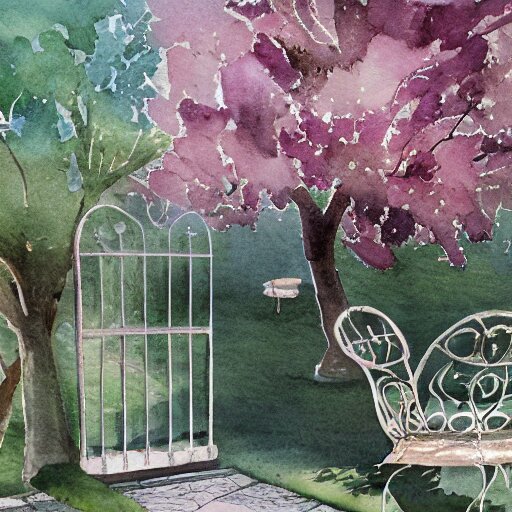 delicate, chairs, garden, paved, botanic watercolors, iridescent, 8 k, realistic shaded, fine details, artstation, italian, iron gate, tree, mediterranean, alien world 