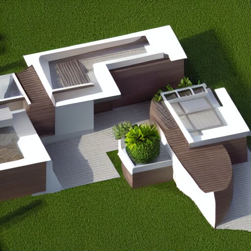 isometric view, render of a beautiful modern home designed for aesthetics, energy efficiency and maximizing plants and greenery, cg render, high resolution, professional 