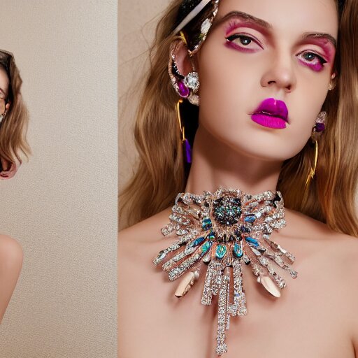 fashion photo, haute couture female model wearing bejeweled scissor earrings:5, bejeweled scissor chest plate:5, bejeweled scissor bracelets:5, hyper realistic, detailed, dramaticly beautiful, 8k, Octane