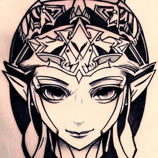 tattoo design, stencil, clean line art, g pen, portrait of princess zelda by artgerm, symmetrical face, beautiful, triforce 