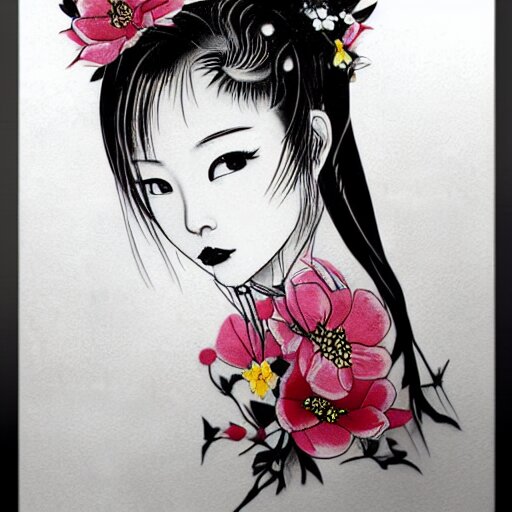 tattoo design, stencil, stencil on paper, tattoo stencil, traditional, beautiful portrait of a traditional Japanese girl with flowers in her hair, upper body, by artgerm, artgerm, artgerm, digital art, cat girl, anime eyes, anime, sexy, super model-s 100