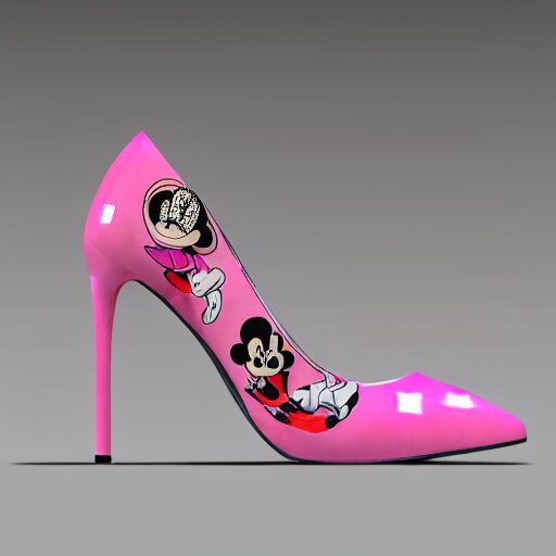 pink suede pumps shoes with slim heels and pointed toes with a happy mickey mouse printed on it, photorealistic, transluscent, glass, beautiful, architecture, product design, clean, highly detailed, 8 k, ornate detail 