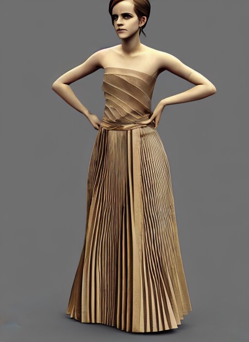 emma watson wearing finely pleated silk bihu mekhela strapless costume expertly draped goddess style dress by madeleine vionnet, assamese gamosa pattern, face by daz 3 d genesis and artgerm concept art 3 d octane render cinema 4 d v ray, unreal engine, hyper realistic hdr fabric textures, ray traced, bright lit cinematic studio fashion photography, real life like, daz iray shaders 