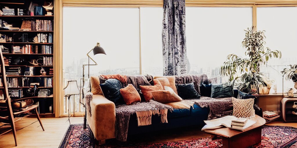 insanely detailed wide angle photograph, atmospheric, award winning interior design living room, cat, dusk, cozy and calm, fabrics and textiles, colorful accents, brass, copper, secluded, many light sources, lamps, hardwood floors, book shelf, couch, desk, balcony door, plants