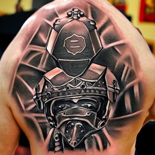 an up close gladiator with shield and sword, tattoo, tattoo art, Black and grey tattoo style,