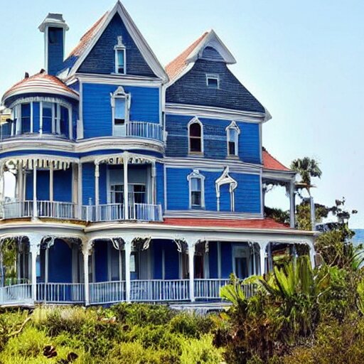 a victorian style 2 story house on top of a hill surrounded by an ocean full of sharks 