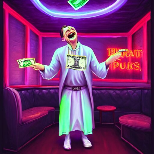 priest laughing while throwing dollar bills in the air in a strip club by mandy jurgens, cartoon, dark backgroun, visionary art, magic symbols, holy halo, neon ambient lighting, high detail, dark vibrant colors 