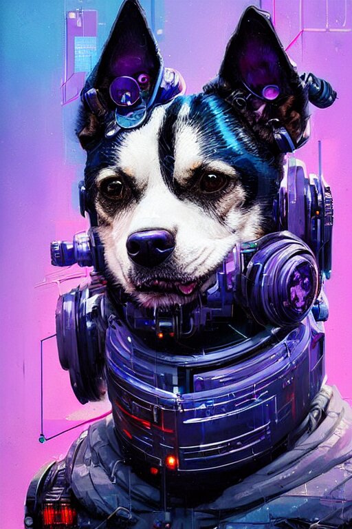 a beautiful portrait of a cute cyberpunk dog by sandra chevrier and greg rutkowski and wlop, purple blue color scheme, high key lighting, volumetric light, digital art, highly detailed, fine detail, intricate, ornate, complex, octane render, unreal engine, photorealistic 