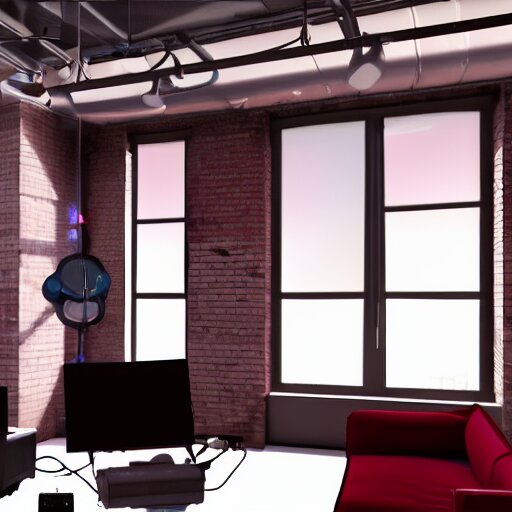 A screenshot of a Virtual Reality music studio, living room vibe, Paris loft style, red velvet furniture, light rays coming out of the windows, raytracing, highly detailed, futuristic, unreal engine 5, photoscanned, photorealistic, 