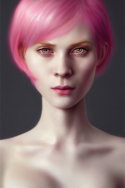 Portrait of a beautiful pale skin Nordic female with short pink hair, elegant, photorealistic, highly detailed, artstation, smooth, sharp focus, gold ornaments, neon lighting, sci-fi, art by Klimt.