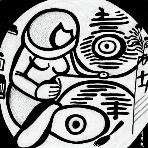 a pregnant robot woman giving birth to a yin - yang daoist symbol emerging out of womb, full body black and white drawing 