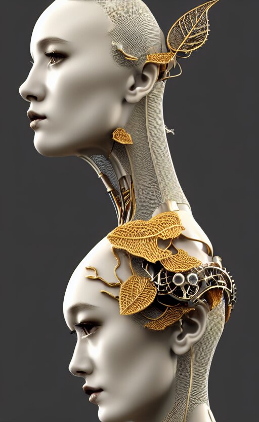 complex 3 d render hyper detailed ultra sharp of a beautiful porcelain profile woman face, mechanical cyborg, 1 5 0 mm, beautiful abundant natural soft light, rim light, studio light, big autumn leaves and stems, sinuous roots, fine foliage lace, silver gold filigree details, alexander mcqueen high fashion haute couture, pearl earring, art nouveau fashion embroidered, steampunk, mesh wire, hyperrealistic, mandelbrot fractal, anatomical, red lips, white metal armor, facial muscles, cable wires, microchip, elegant, octane render, h. r. giger style, 8 k 