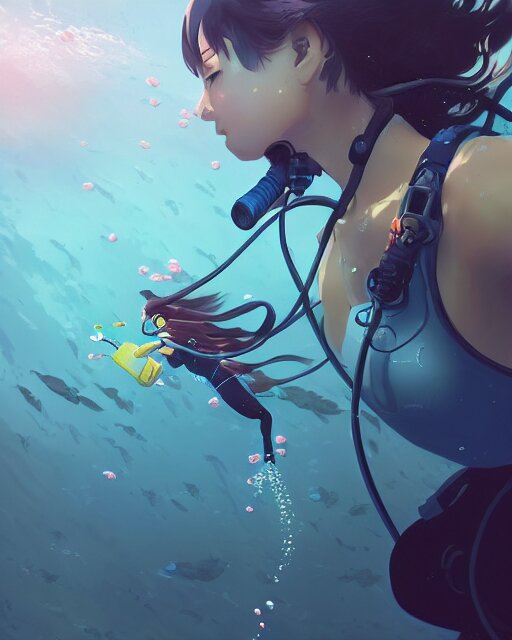 a girl scuba diving in an ocean full of sea life, full shot, atmospheric lighting, detailed face, by makoto shinkai, stanley artgerm lau, wlop, rossdraws 