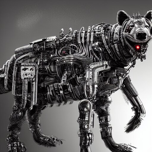 cybernetic hyena, bladerunner style, cyborg with lots of metal and wires, realistic highly detailed concept art 