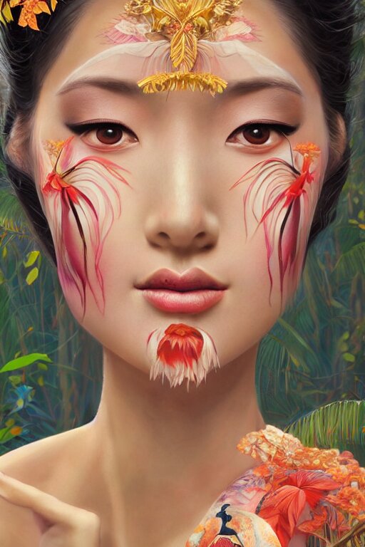 stunningly beautiful, peruvian geisha prima ballerina in jungle, symmetrical face, golden hour, smooth, focus, highly detailed, hyper realistic, dramatic lighting, elegant, intricate, concept art, art by wlop, mars ravelo, greg rutowski, artstation 