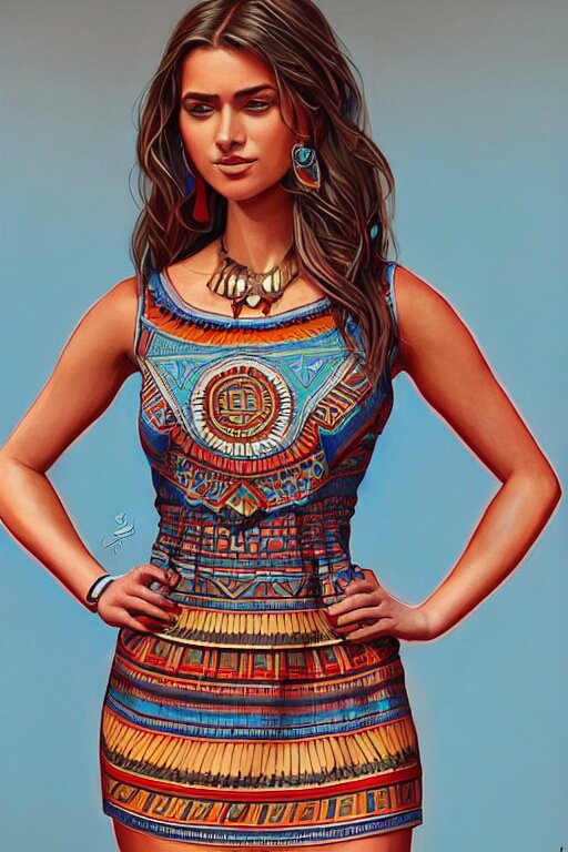 full body photo of a gorgeous young woman wearing an aztec dress in the style of stefan kostic, realistic, sharp focus, 8k high definition, insanely detailed, intricate, elegant, art by stanley lau and artgerm