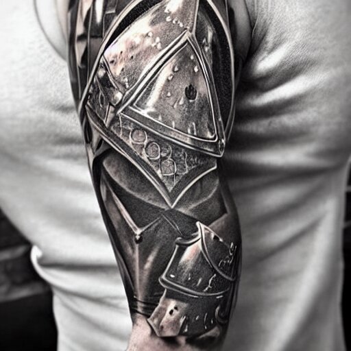 A knight in armor, tattoo, tattoo art, Black and grey tattoo style