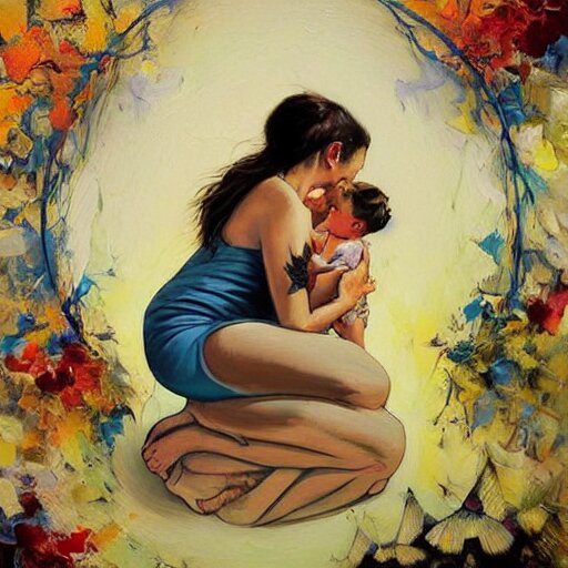 by john larriva, by aaron horkey emotive. a beautiful painting harmony of colors, simple but powerful composition. a scene of peaceful domesticity, with a mother & child in the center, surrounded by a few simple objects. colors are muted & calming, serenity & calm. 