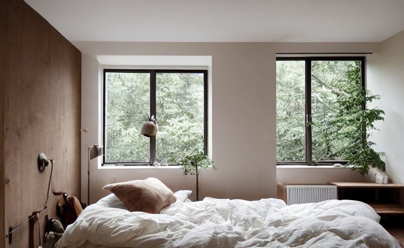 interior of a compact bedroom in an apartment building, bed, bronze wall, cupboards, czech design, swedish design, natural materials, minimalism, pine wood, earth colors, feng shui, rustic, white, beige, bright, plants, windows with a view of a green park, modernist, 8 k 