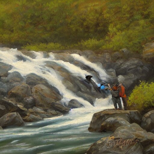 tardigrade fishing for salmon at Brooks Falls in Alaska, landscape painting by Moran and George Caitlin
