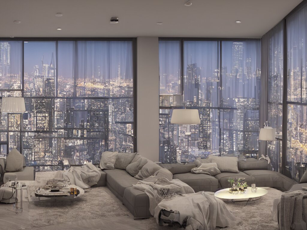 a Photorealistic hyperrealistic interior night time render of a beautifully decorated modern apartment overlooking a megapolis,Nikon Z7, ISO 64,Nikkor 20mm f1.8 lens,aperture f/9,exposure 1/40secs