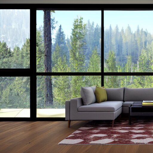 architecture render of a beautiful modern living room with wood floors, large windows with a beautiful view, an area rug, forest, mountains, realistic, hd, 8 k, digital rendering, unreal engine, blender, octane, maya 