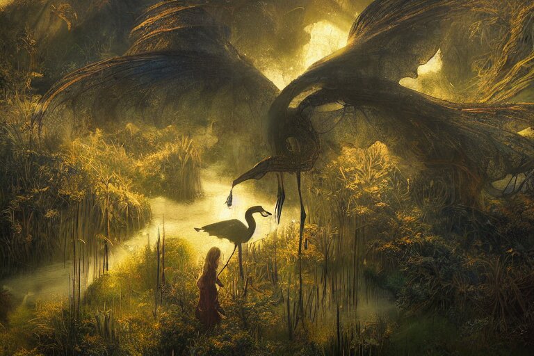 aerial view, fantasy painting, dungeons and dragons, a faerie village hovels, swamp reeds wetland marsh sunset estuary, with ominous shadows, an egret by jessica rossier and brian froud cinematic painting 