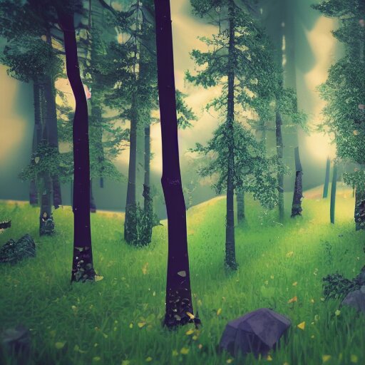 low poly landscape of a magical enchanted forest, digital render 