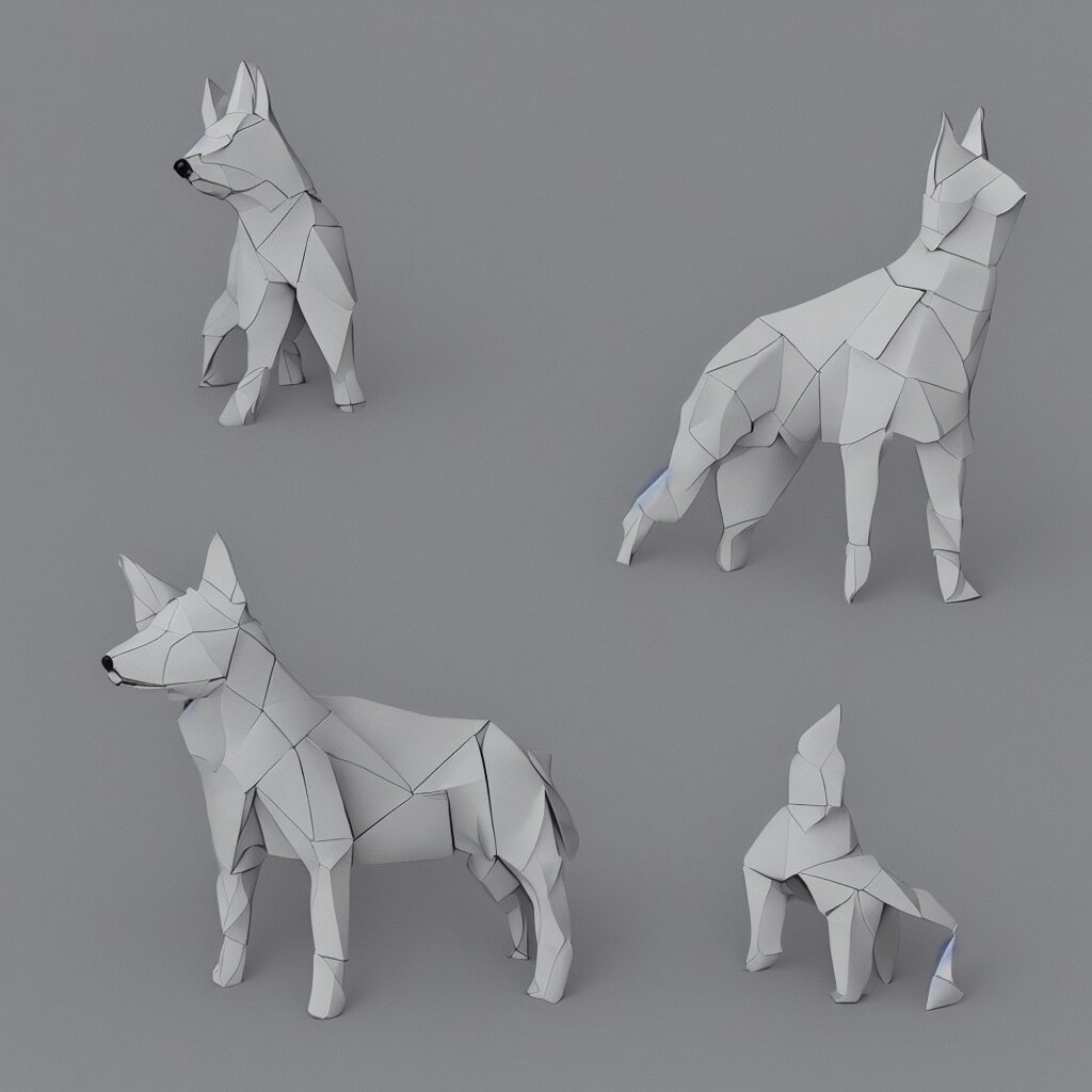 3 d rendering of japanese paper origami of simplified shape of german shepherd, 2 d image 