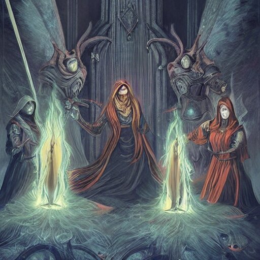 female acolytes using demonic summoning circle to summon a demonic knight. incredible detail. by magali villeneuve and by wlop 