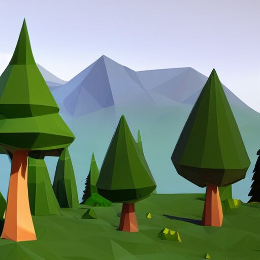 a forest of 3d low poly trees with the mountains in the background, high quality, mobile game