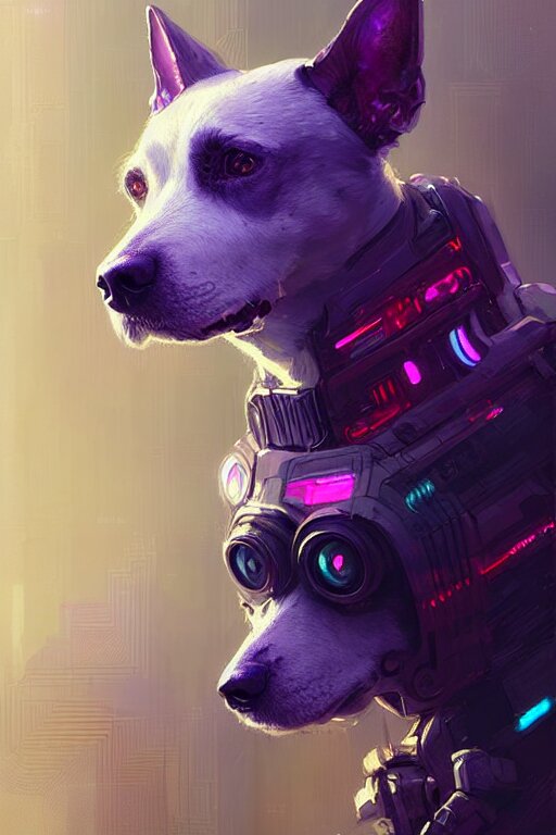 a beautiful portrait of a cute cyberpunk dog by greg rutkowski and wlop, purple blue color scheme, digital art, highly detailed, fine detail, intricate, ornate, complex 