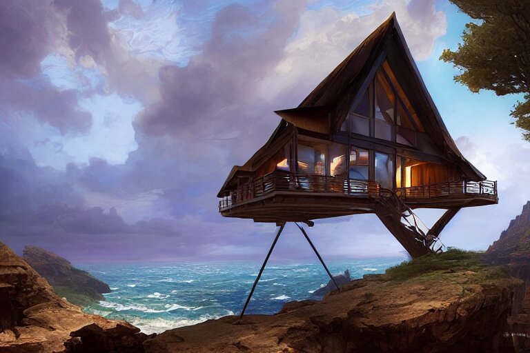 lovely a - frame home sits atop a broad cliff, overlooking the entirety of the blue sky, digital painting by greg rutkowski and gaston bussiere, zbrush, cgsociety contest winner, comprehensive art, intricate, landscape photography, brightly radiant atmosphere, overcast sky, homogeneous to hawaii, 4 k, 8 k 