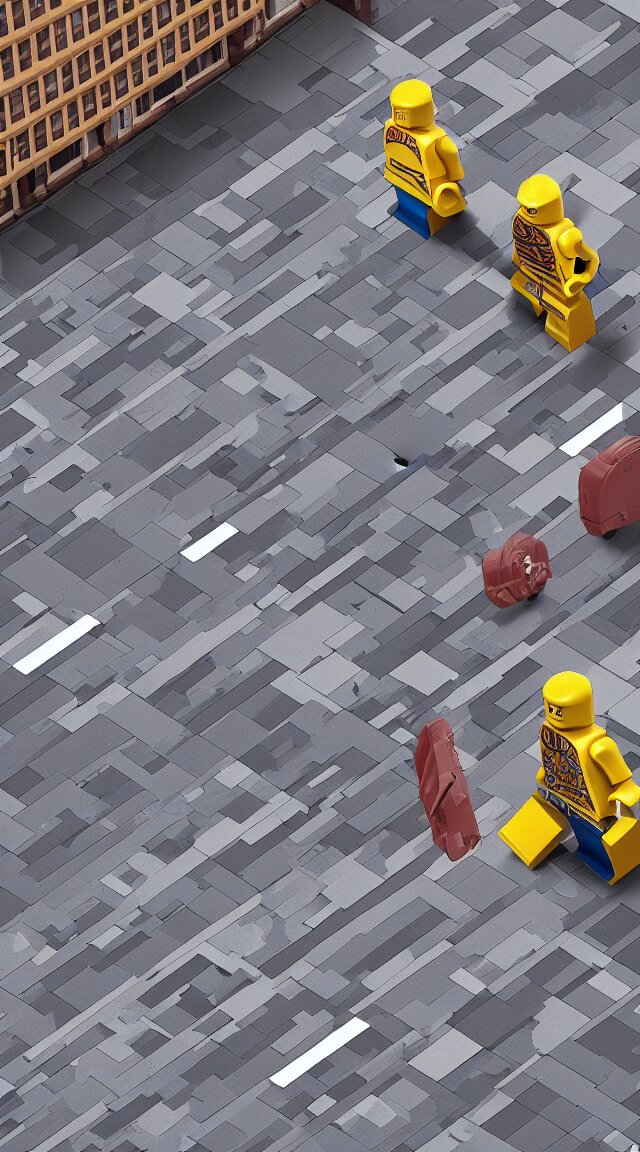 hyperrealistic giant enormous lego minifigure walking over city street, street view, epic lighting, composition, view from ground, buildings, cars, sky 