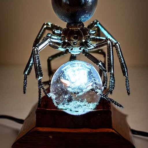 a metal spider with a gnome snow globe head, professional lighting 