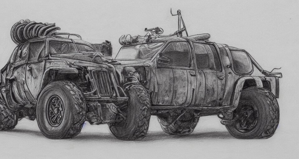 graphite drawing of a stylized cartoony fury road car 