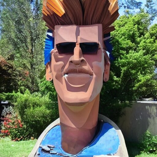 A sculpture made of recycled materials but with perfect definition, in the shape of Johnny bravo