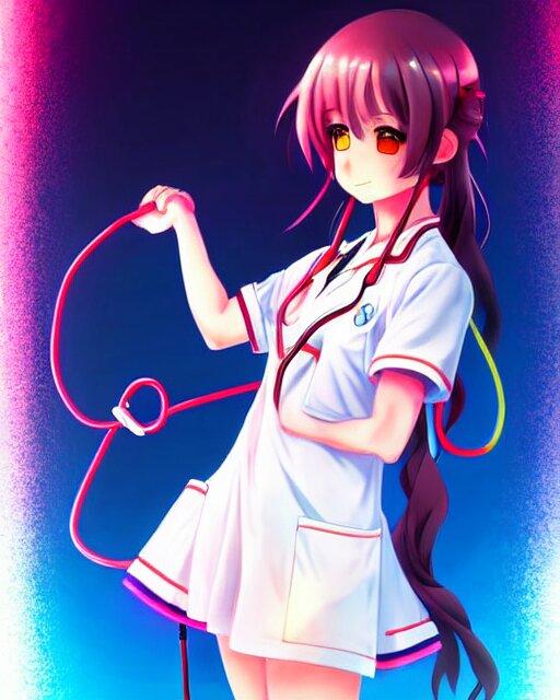 anime style, vivid, expressive, full body, 4 k, painting, a cute magical girl with a long wavy hair wearing a nurse outfit, correct proportions, realistic light and shadow effects, neon lights, centered, simple background, studio ghibly makoto shinkai yuji yamaguchi 