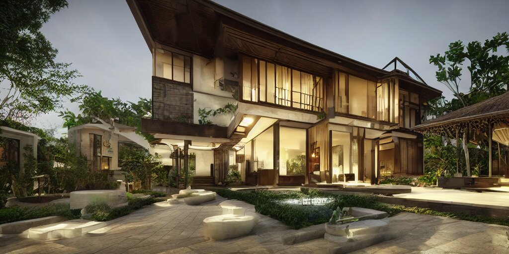 3d rendering  of beautiful nature meets architecture concept of a residential house. balinese architecture, volumetric lighting, luxury, high detail, 14mm, cinematic photography, cg architects,  high resolution