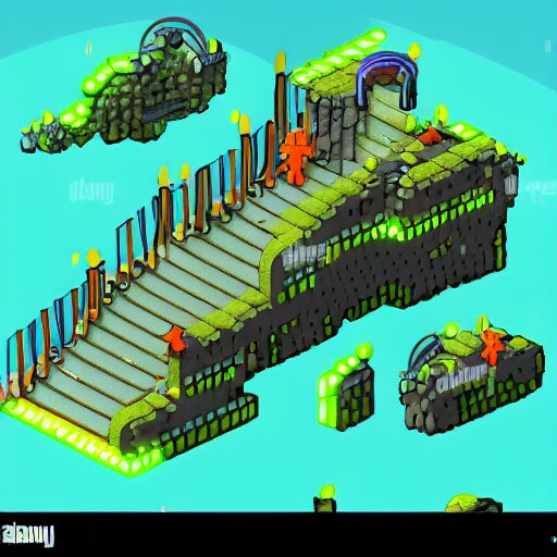 concept art 2 d game asset of various stair blocks with organic isometric design, bioluminescent alien - like plants inspired by the avatar's bioluminescent alien nature. around the stairs, we can see plants glowing in the dark. isometric perspective, item is in a black background colorful neons cyan, orange red, painterly cartoonish octane render masterpiece 