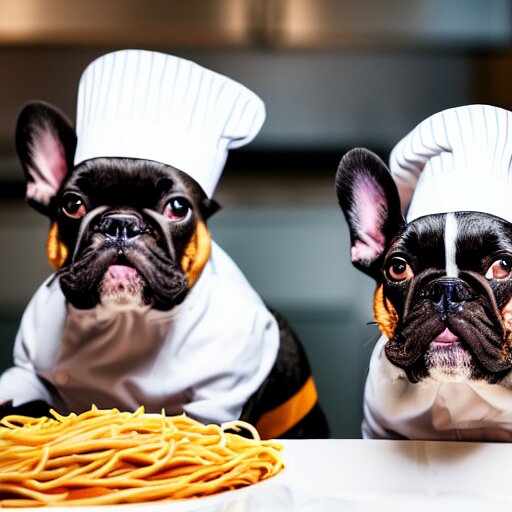 a 8k highly detailed still photo by David Bailey of Two multi-colored French Bulldogs in chef hats and aprons starring on a cooking show, a plate of spaghetti is prepared, a high end restaurant kitchen in the background, bokeh