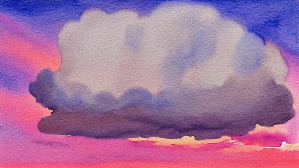 watercolor of a big cumulonimbus cloud on a pink sunset 