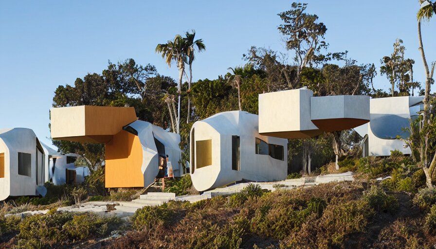 An architectural rending of an eco-community neighborhood of innovative contemporary 3D printed sea ranch style cabins with rounded corners and angles, beveled edges, made of cement and concrete, organic architecture, on the California coastline with side walks, parks and public space , Designed by Gucci and Wes Anderson, golden hour