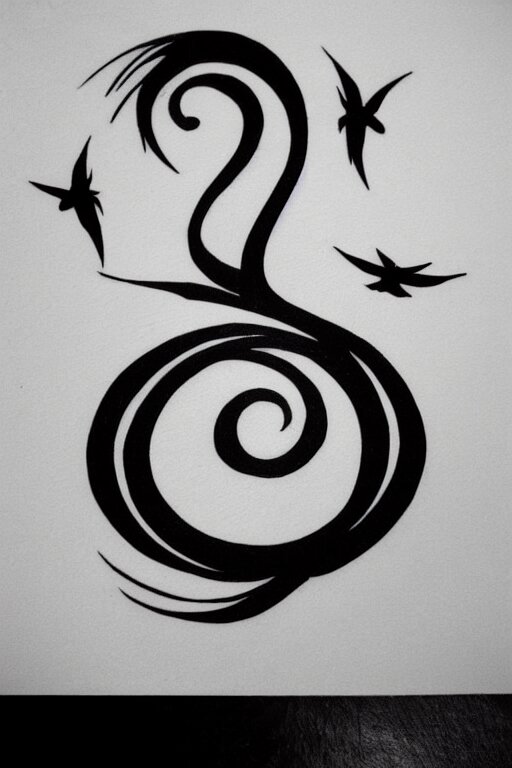 a simple tattoo design of birds flying in a 8 spiral, black ink, logo 