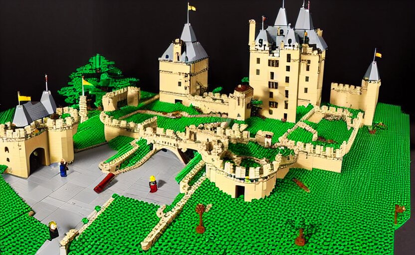 a realistic detailed accurate Lego set of a medieval French castle on a forested green hill