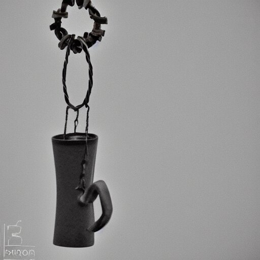 This is a sketch of a wind chime made from the pieces of a broken mug. It shows the mug handle as the top piece with strings attached to it, and the bottom pieces of the mug hanging down like little bells, iso 300, f-stop 1.5, Pentax