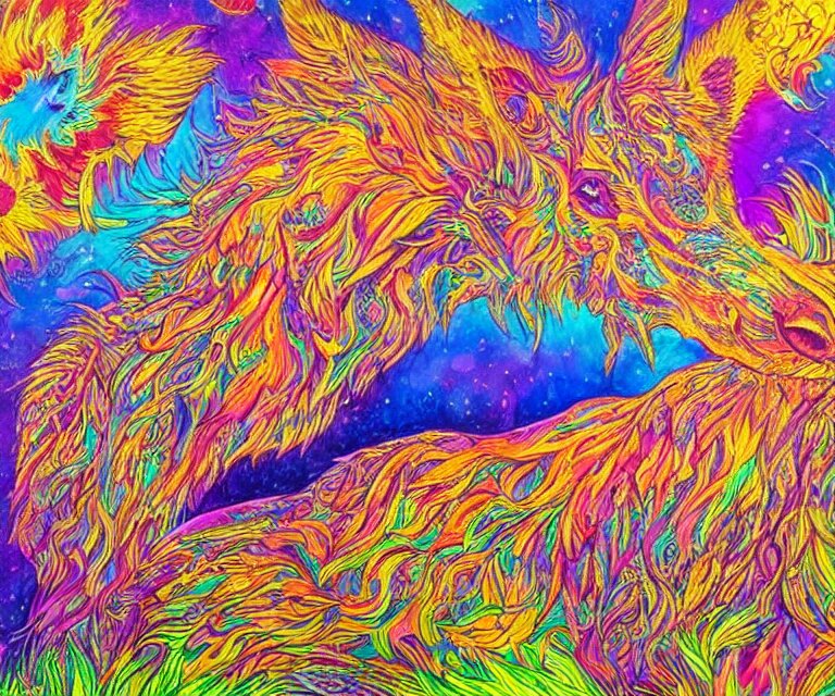 the wildest dream, vivid colors, golden hour, psychedelic art, magical creatures 