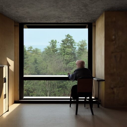 interior of brutalist style housing unit, neoplastic paintings as walls, an old person looking the forest landscape through a tall window, very detailed, octane render, hyperrealistic picture