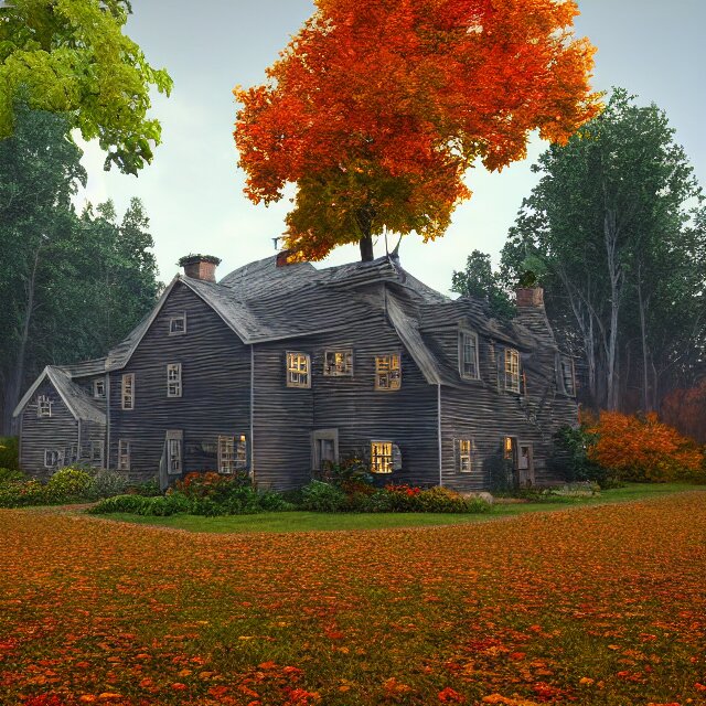 realistic wooden colonial new england house, maple tree in yard, large chimney, lights on inside, fall foliage, vermont mountain background, light cinematic, volumetric, realistic, cinematic lighting, ray tracing, unreal engine 5, octane render, hyper realistic, 8 k 